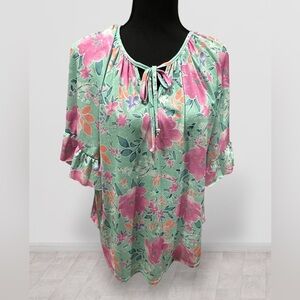 Honeyme Mint and Pink Relaxed Tie Front Blouse - Size S